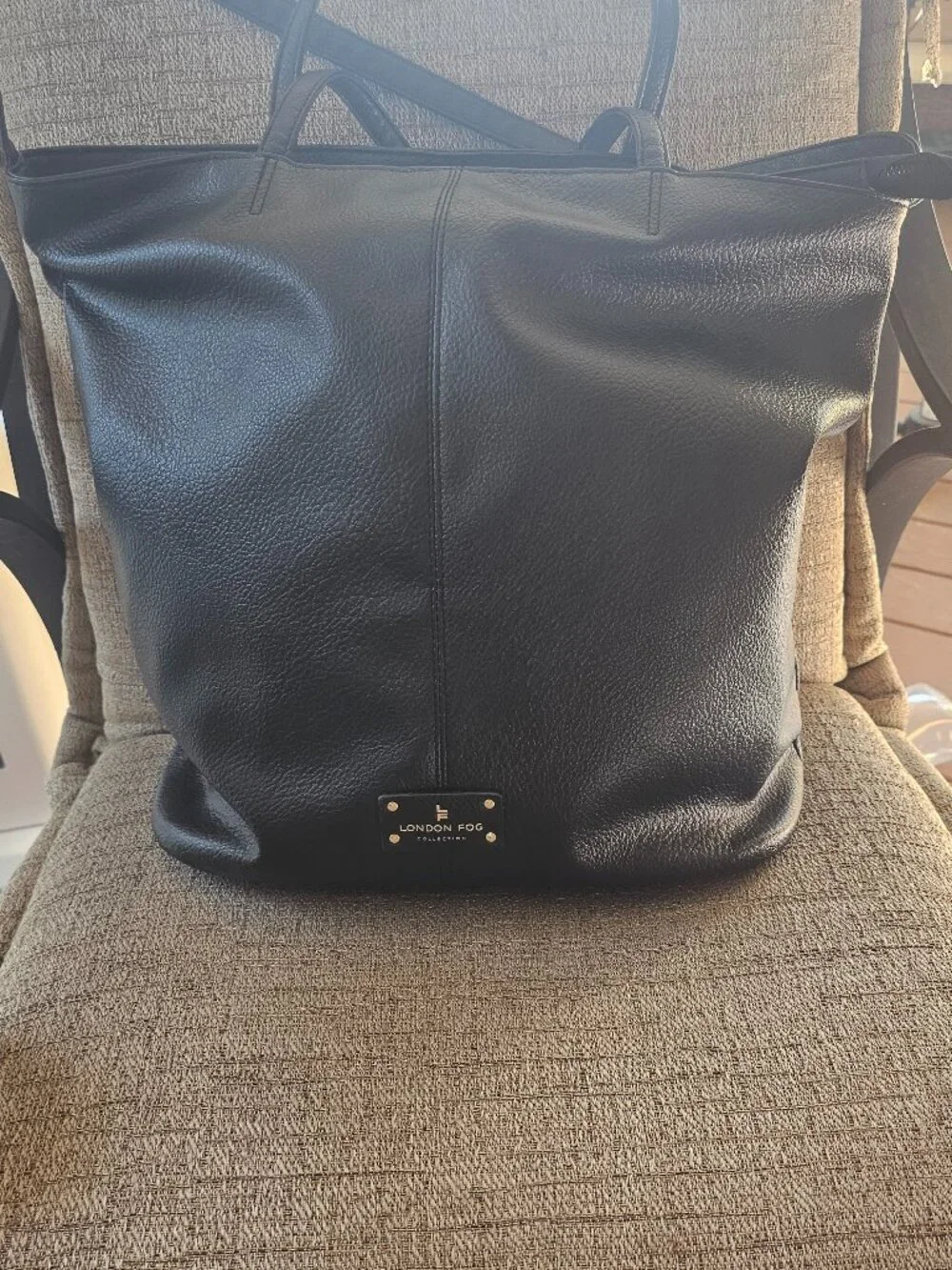 London Fog Black Faux Leather Tote Bag Large Shoulder Purse Everyday Work Travel